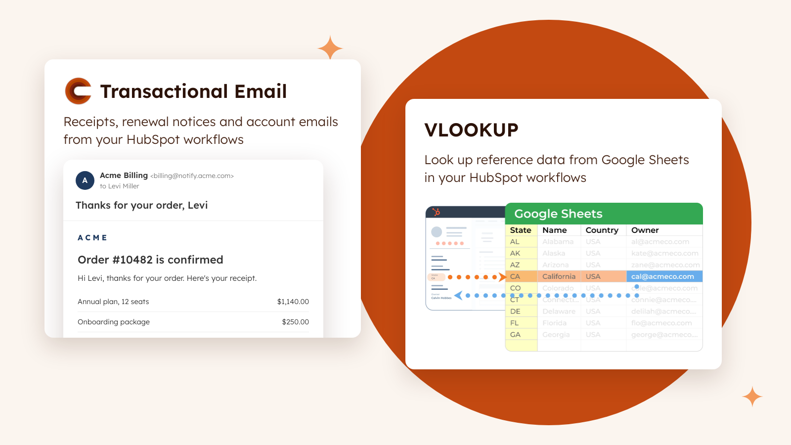 Cambium's apps for HubSpot: Transactional Email, which sends receipts from HubSpot workflows, and VLOOKUP, which looks up reference data from Google Sheets